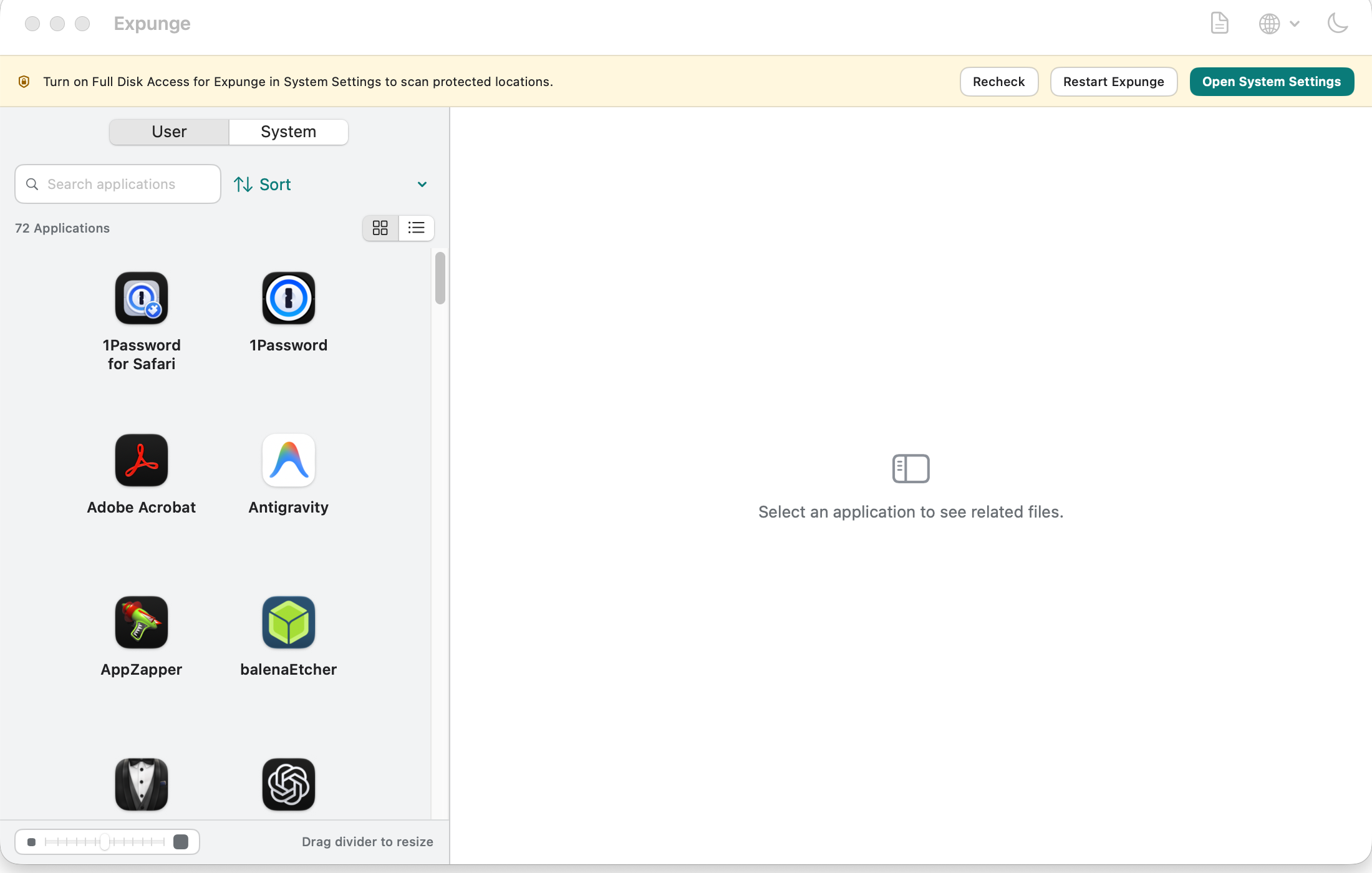 Expunge application window showing the user app browser and Full Disk Access guidance