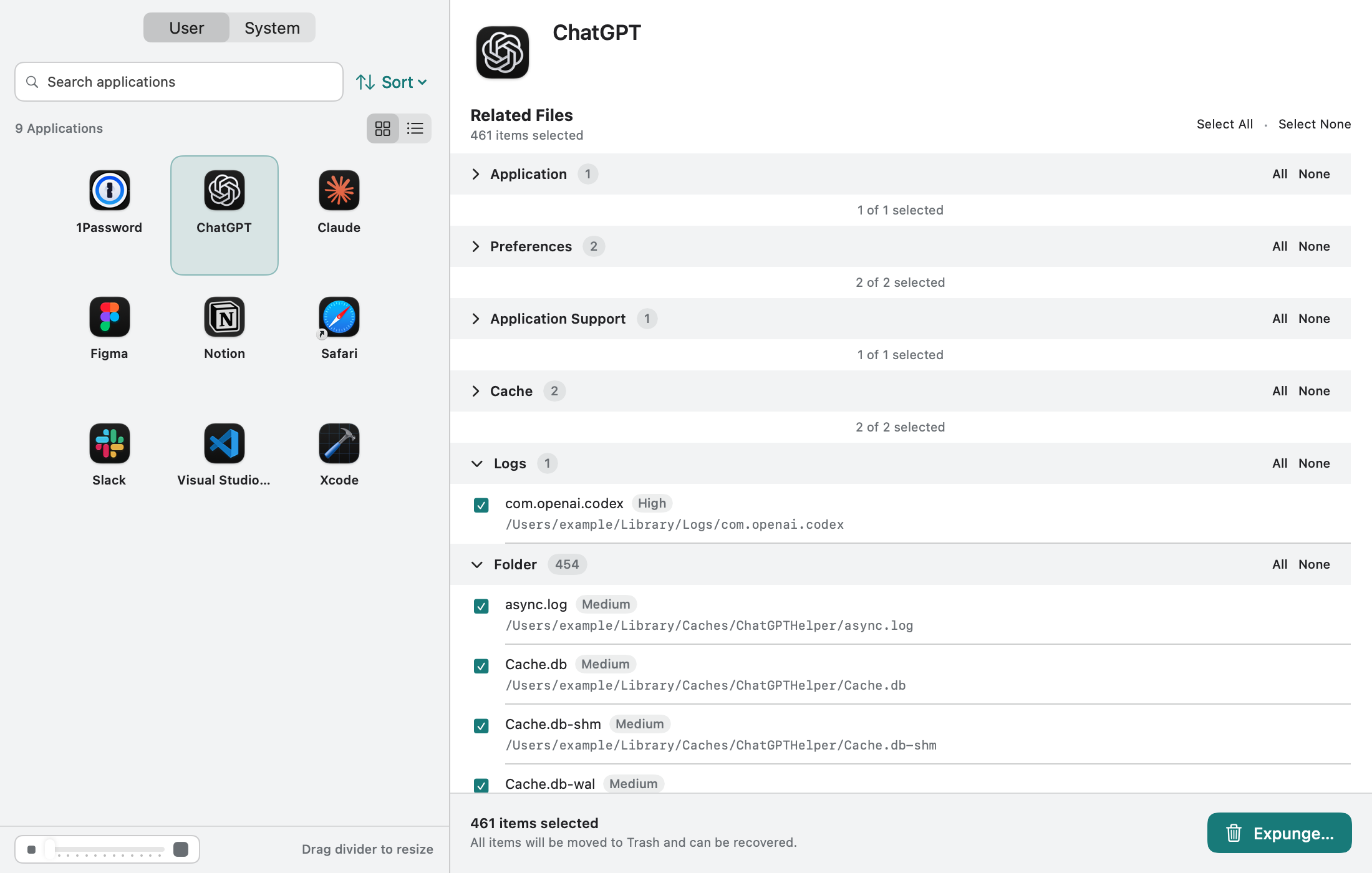 Expunge showing a three-column app grid beside 461 related files found for ChatGPT